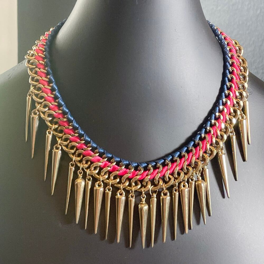 Spike Chain Necklace Punk Edge Gold Tone Pink Blue Woven Statement Collar Y2K